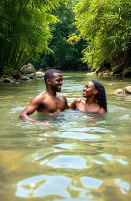 An African young man around 30 years old and his maiden lover are half submerged in a serene river, joyfully swimming and playing together