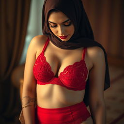 A sensual yet artistic portrayal of a woman in a hijab, wearing a striking red bra and matching red underwear