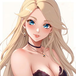 A stunning anime-style illustration featuring a beautiful woman with long, flowing blonde hair, aged 22