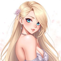 A stunning anime-style illustration featuring a beautiful woman with long, flowing blonde hair, aged 22