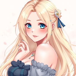 A stunning anime-style illustration featuring a beautiful woman with long, flowing blonde hair, aged 22