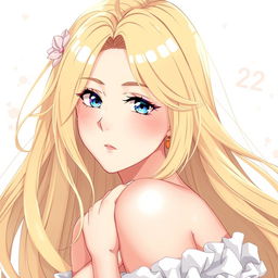 A stunning anime-style illustration featuring a beautiful woman with long, flowing blonde hair, aged 22