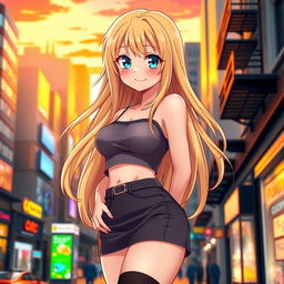 A beautiful 22-year-old anime girl with long, flowing blonde hair
