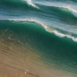 High definition, light green, transparent, rolling waves sparkling with broken gold glitter, maintaining distinct clarity between water and gold, in a clear 32k resolution phone wallpaper with a 9:16 aspect ratio