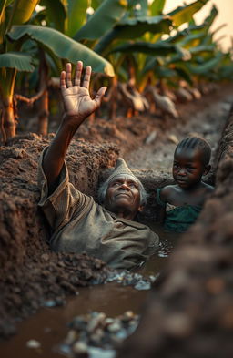 In a late evening scene, an old traditional African man is lying inside a trench filled with mud and water, his expression desperate as he lifts his hand up in a plea for help