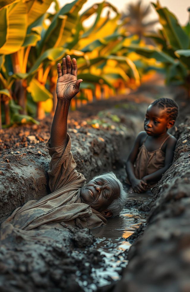 In a late evening scene, an old traditional African man is lying inside a trench filled with mud and water, his expression desperate as he lifts his hand up in a plea for help