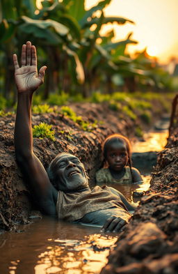 In a late evening scene, an old traditional African man is lying inside a trench filled with mud and water, his expression desperate as he lifts his hand up in a plea for help