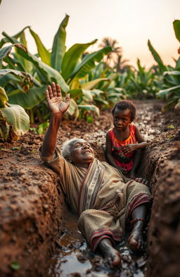 In a late evening scene, an old traditional African man is lying inside a trench filled with mud and water, his expression desperate as he lifts his hand up in a plea for help