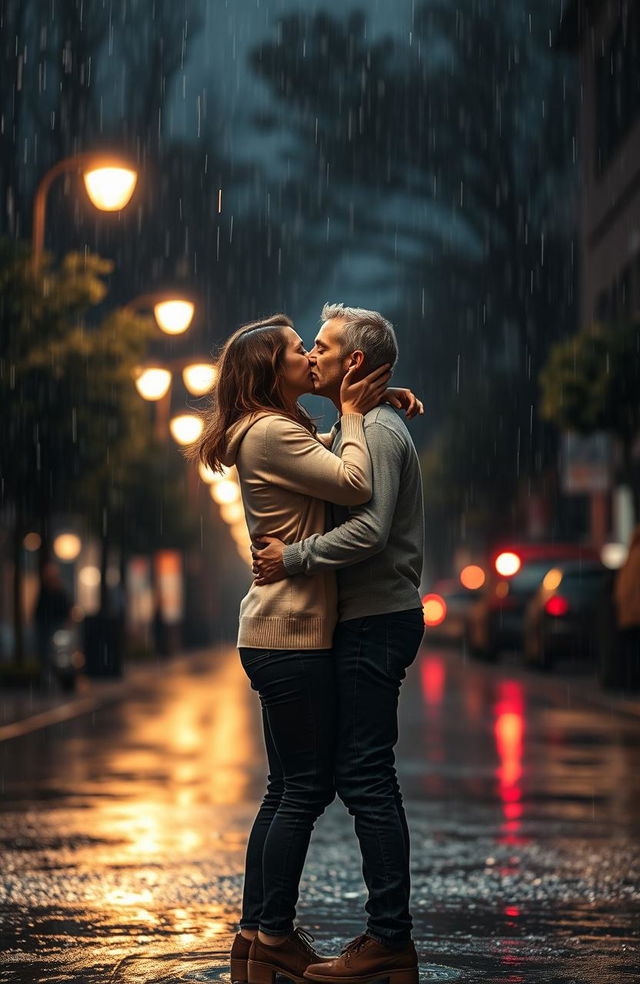 A romantic scene of a couple passionately kissing under the pouring rain