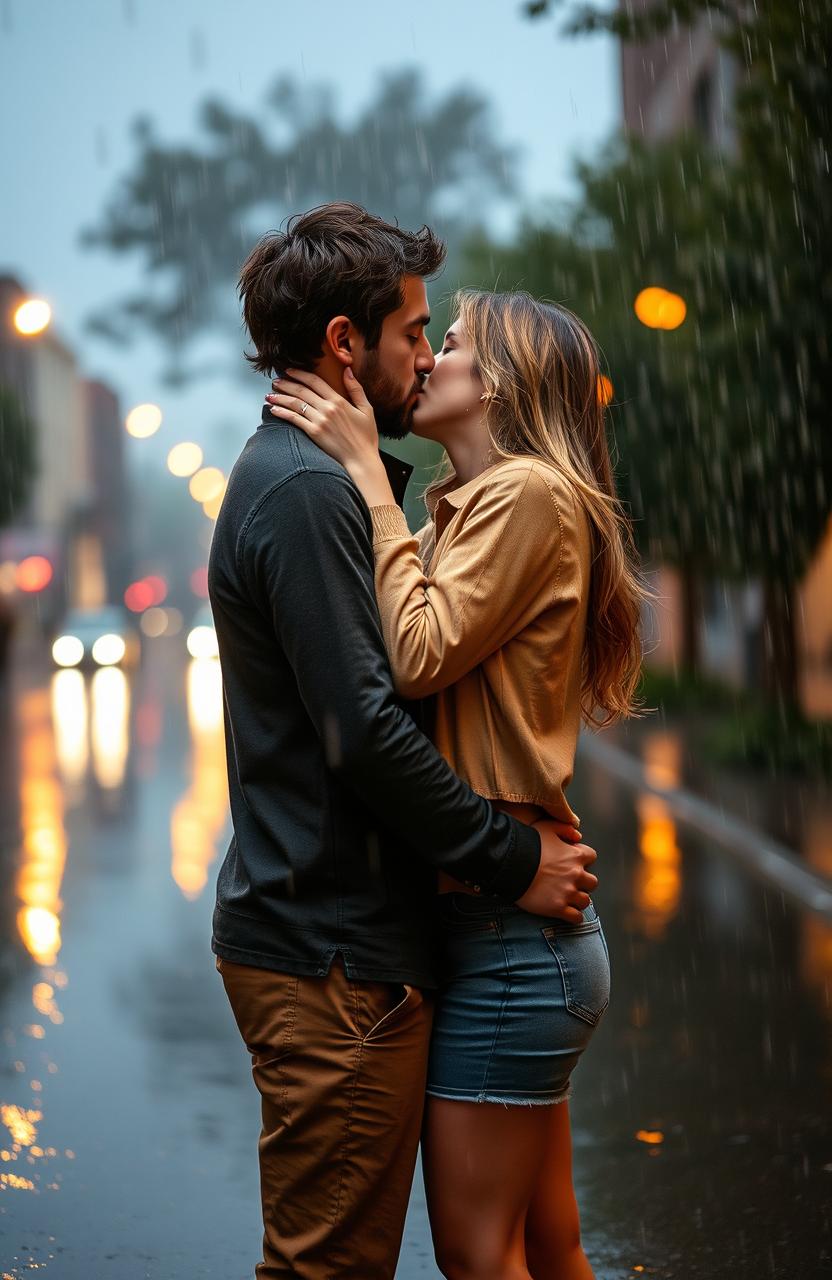 A romantic scene of a couple passionately kissing under the pouring rain