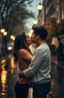 A romantic scene of a couple passionately kissing under the pouring rain