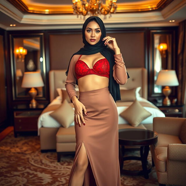 A stylish woman wearing a hijab, showcasing a red bra and elegant high heels, striking confident and glamorous poses in a luxurious hotel room