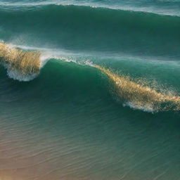 High definition, light green, transparent, rolling waves sparkling with broken gold glitter, maintaining distinct clarity between water and gold, in a clear 32k resolution phone wallpaper with a 9:16 aspect ratio