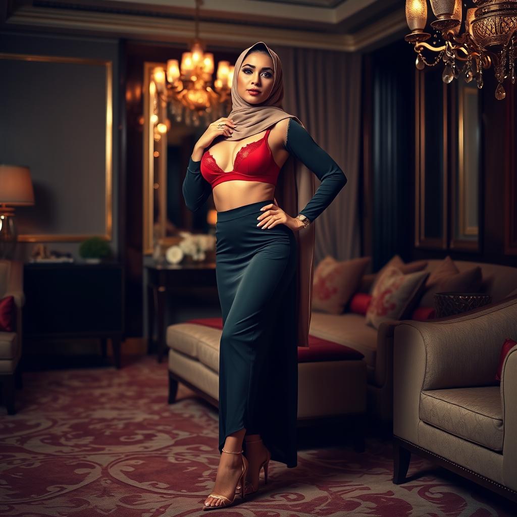 A stylish woman wearing a hijab, showcasing a red bra and elegant high heels, striking confident and glamorous poses in a luxurious hotel room