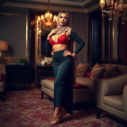 A stylish woman wearing a hijab, showcasing a red bra and elegant high heels, striking confident and glamorous poses in a luxurious hotel room