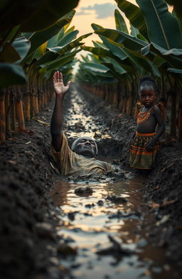 In a late evening setting, an old traditional African man is depicted lying in a trench of mud and water, struggling and lifting his hand up in a plea for help