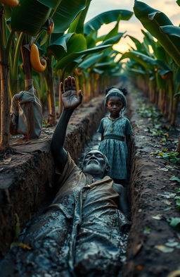 In a late evening setting, an old traditional African man is depicted lying in a trench of mud and water, struggling and lifting his hand up in a plea for help