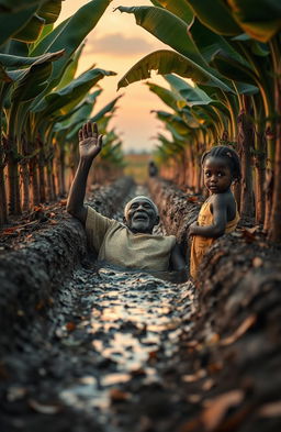 In a late evening setting, an old traditional African man is depicted lying in a trench of mud and water, struggling and lifting his hand up in a plea for help