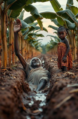 In a late evening setting, an old traditional African man is depicted lying in a trench of mud and water, struggling and lifting his hand up in a plea for help