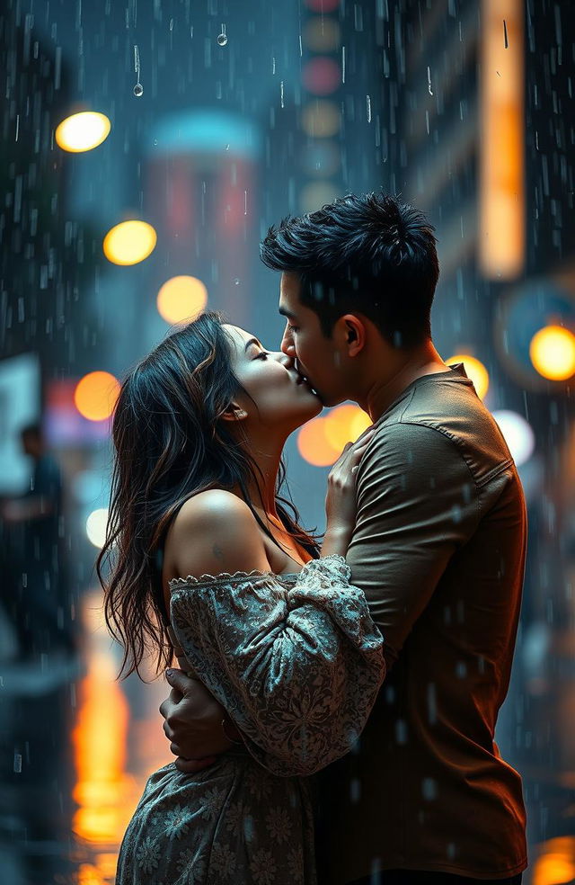 A romantic couple passionately kissing under a vibrant rain shower, captured in a beautiful moment of love