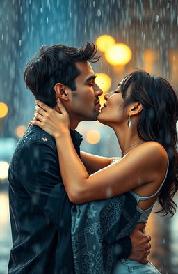 A romantic couple passionately kissing under a vibrant rain shower, captured in a beautiful moment of love