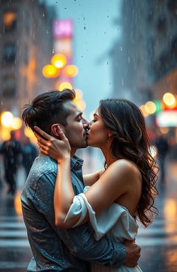 A romantic couple passionately kissing under a vibrant rain shower, captured in a beautiful moment of love