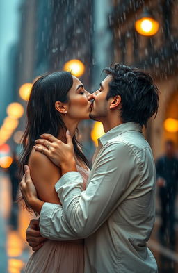 A romantic couple passionately kissing under a vibrant rain shower, captured in a beautiful moment of love