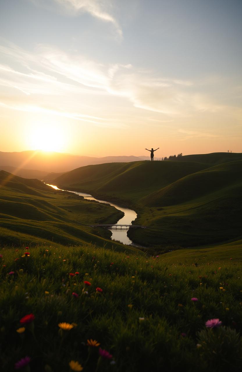 A serene landscape with a gentle sunset in the background, representing hope and comfort