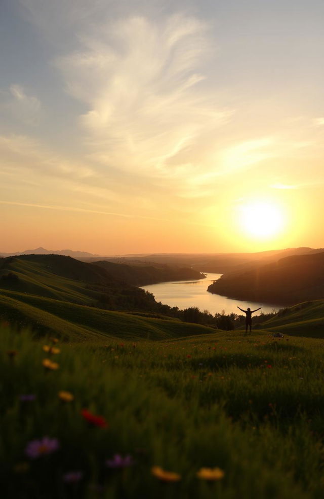 A serene landscape with a gentle sunset in the background, representing hope and comfort