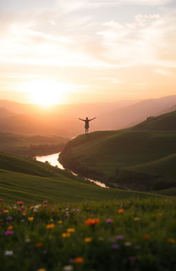 A serene landscape with a gentle sunset in the background, representing hope and comfort