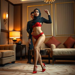A confident woman wearing a hijab, adorned in striking red underwear and high heels, striking alluring poses in a luxurious hotel room