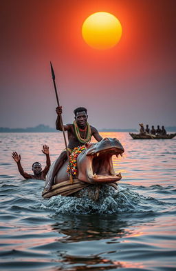 A dramatic sunset scene over Lake Victoria, depicting the middle of the lake