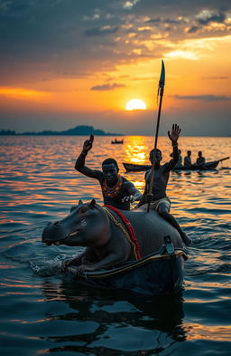 A dramatic sunset scene over Lake Victoria, depicting the middle of the lake