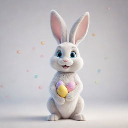 Create a detailed 3D Pixar-style image of a cute, young Easter bunny happily holding Easter eggs