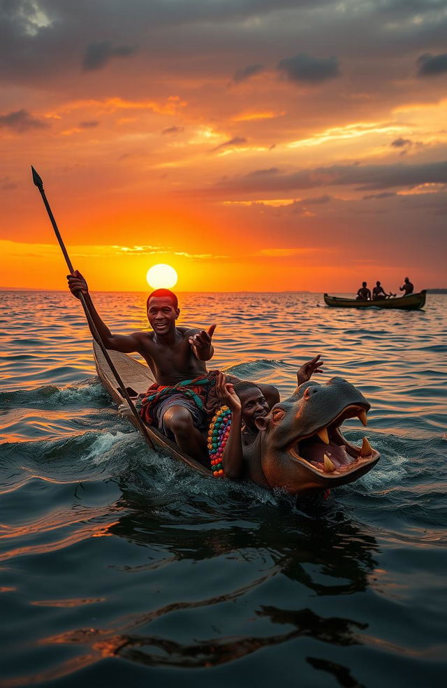 A dramatic sunset scene over Lake Victoria, depicting the middle of the lake