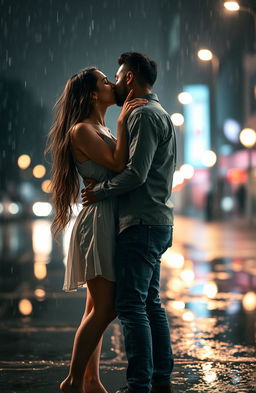 A romantic scene of a couple passionately kissing under the rain