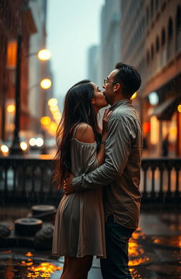 A romantic scene of a couple passionately kissing under the rain