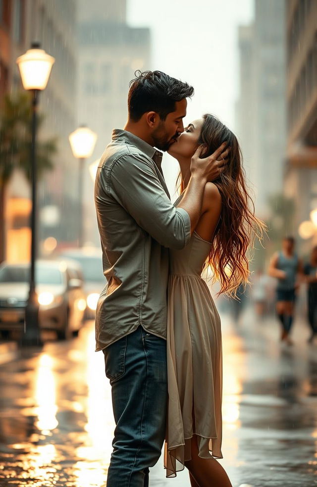 A romantic scene of a couple passionately kissing under the rain