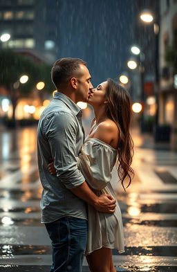 A romantic scene of a couple passionately kissing under the rain