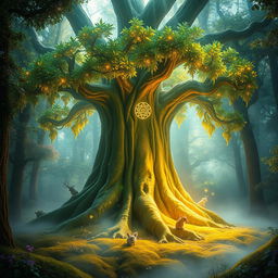 A mystical and sacred tree located in an enchanted forest, surrounded by ethereal glowing lights and vibrant, colorful foliage