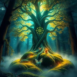 A mystical and sacred tree located in an enchanted forest, surrounded by ethereal glowing lights and vibrant, colorful foliage