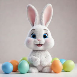 Create a detailed 3D Pixar-style image of a cute, young Easter bunny happily holding Easter eggs