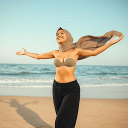 A serene scene of a hijab woman enjoying the beach, braless and embracing her natural body