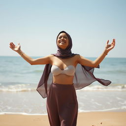 A serene scene of a hijab woman enjoying the beach, braless and embracing her natural body