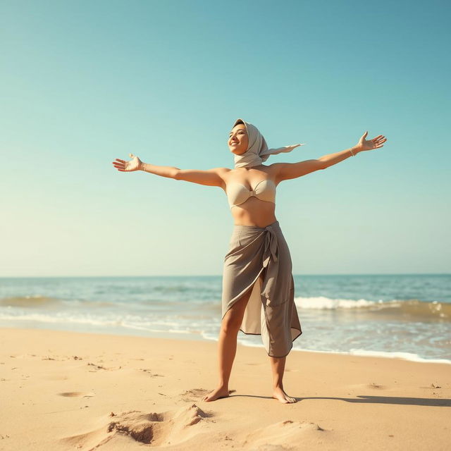 A serene scene of a hijab woman enjoying the beach, braless and embracing her natural body