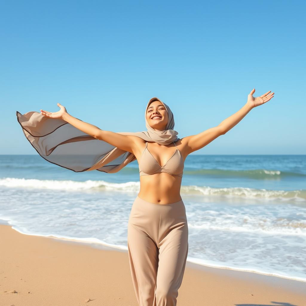 A serene scene of a hijab woman enjoying the beach, braless and embracing her natural body