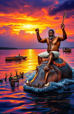 A dramatic sunset scene at Lake Victoria, with vibrant orange and purple hues reflecting on the water