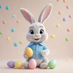 Create a detailed 3D Pixar-style image of a cute, young Easter bunny happily holding Easter eggs