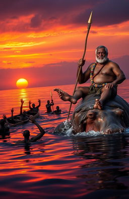 A dramatic sunset scene at Lake Victoria, with vibrant orange and purple hues reflecting on the water