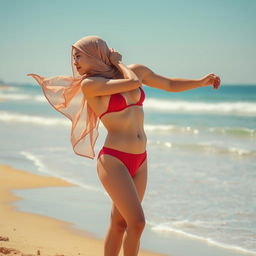 A romantic scene of a hijab woman, braless and wearing red underwear, embracing her natural body as she softly kisses a man's torso on the beach